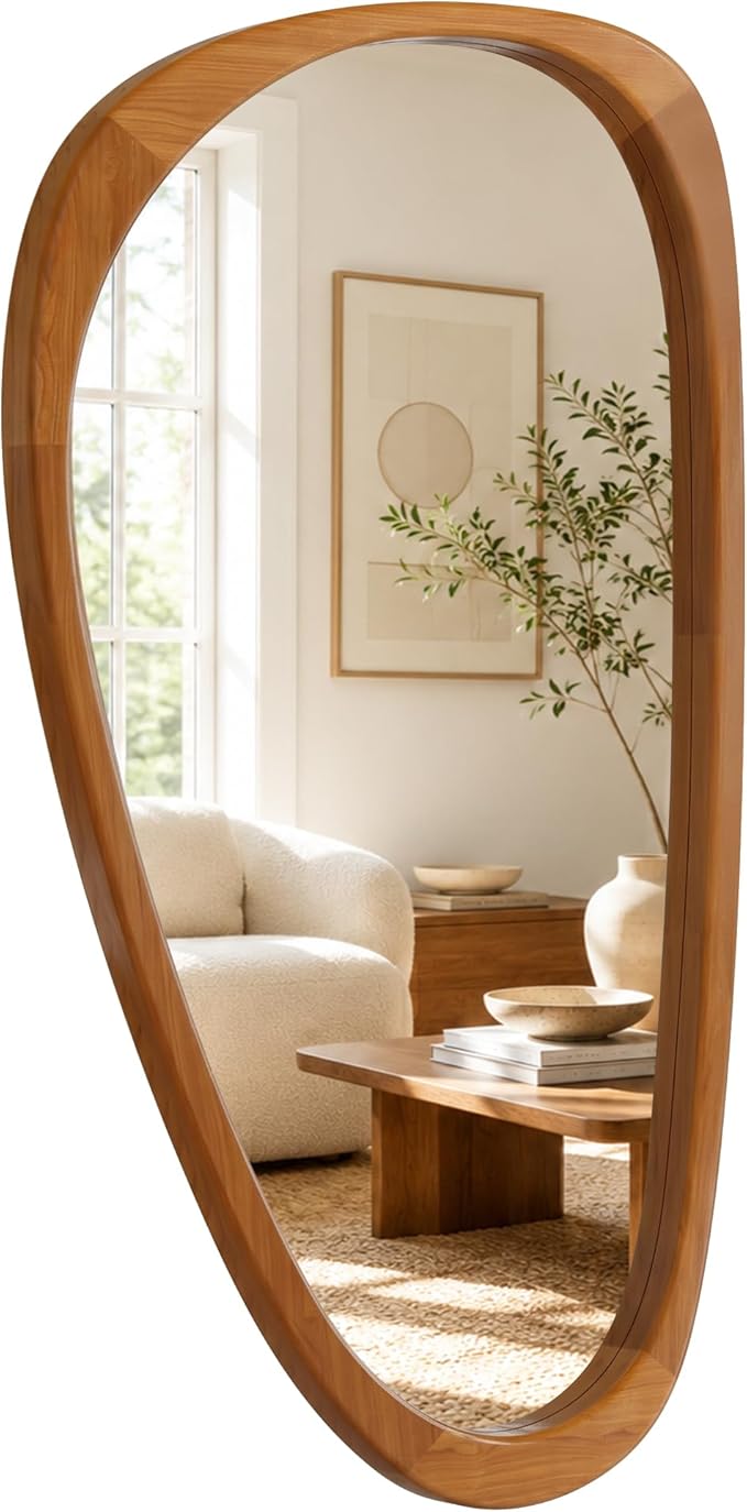 Solid Wood 48"x24" Large Aesthetic Wabi-Sabi Statement Mirror, Warm Walnut Full Length Irregular Mirror, Modern Organic Asymmetrical Wooden Wall-Mounted Mirror, Honey Walnut