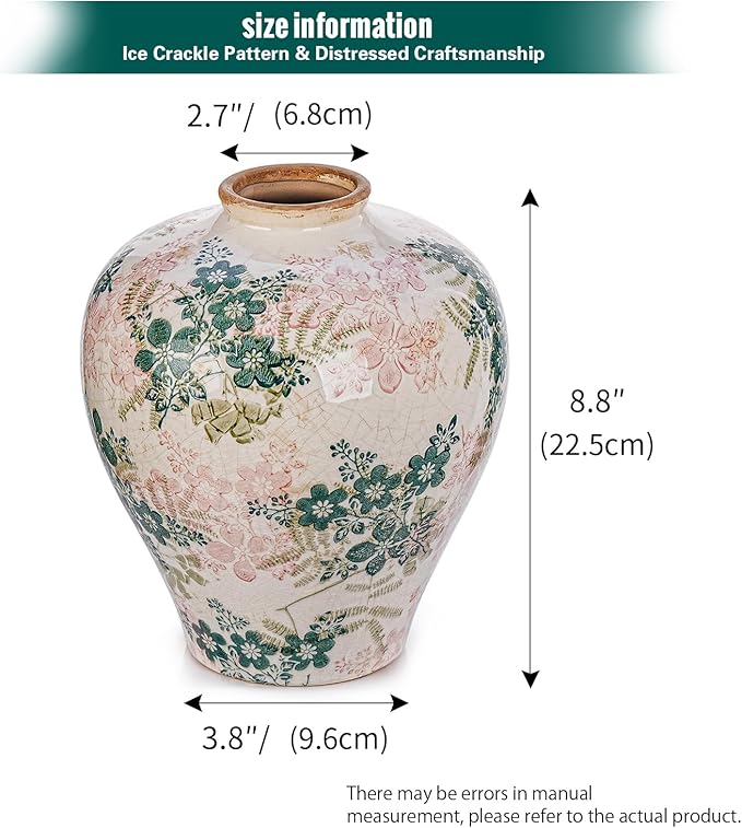 Sungmor Vintage Ceramic Flower Vase - 9.4 Inch Retro Ice Cracked Glaze Chinoiserie Vase, Rustic Farmhouse Home Décor Accent for Dried Flowers, Greenery - Table Centerpieces, Shelf, Mantel Decor