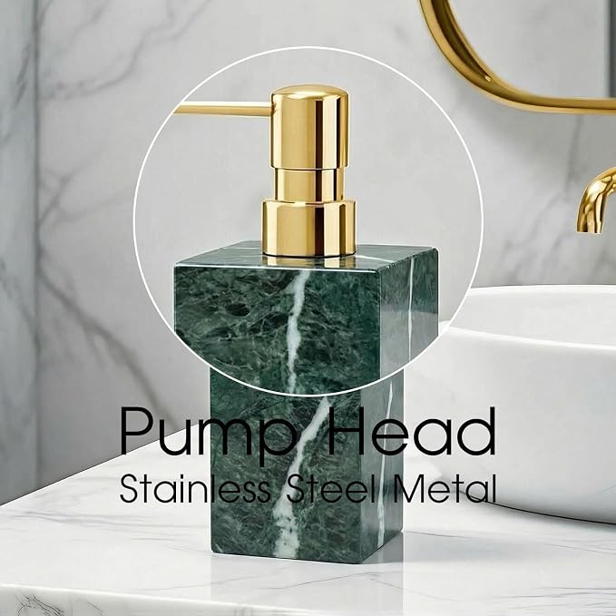 Real Natural Marble Soap Dispenser with Stainless Steel Pump Decorative Liquid Hand Soap Bottle for Kitchen Bathroom, Compatible with Lotion, Dish Soap Shower Gel (Green 1 Set)