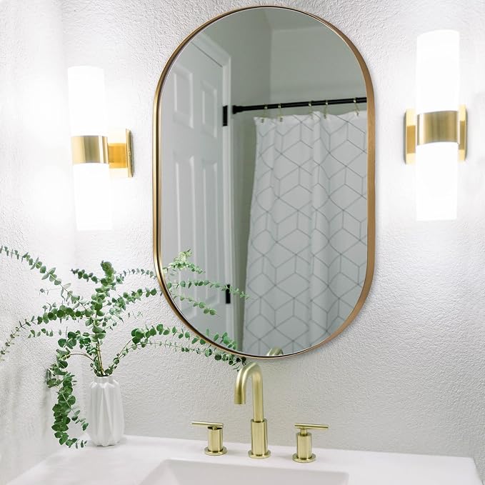 ANDY STAR 26x38 Inch Gold Oval Mirror, Oval Brass Mirror Pill Shaped Stainless Steel 1’’ Deep Metal Frame Wall Mounted Vertically & Horizontally Ideal for Limited Space