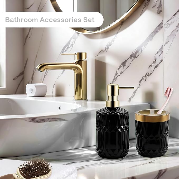 2Pcs Black Bathroom Accessories Set, Glass Bathroom Accessories, Vintage Bathroom Countertop Decoration Includes Soap Dispenser, Toothbrush Holder