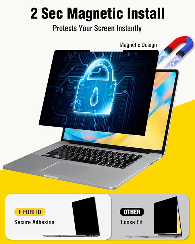 F FORITO Magnetic Laptop Privacy Screen 15.6 inch 16:9, 360° Anti Peeping Removable Anti Glare Blue Light Filter Compatible with All 15.6” 16:9 Laptops Portable Monitors