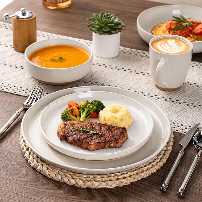 AmorArc Ceramic Dinnerware Sets for 6, 18 Pieces Handpainted Plates and Bowls Set with Rustic Terracotta Underside, Scratch Resistant Stoneware Dishes Set, Dishwasher & Microwave Safe,Light Beige