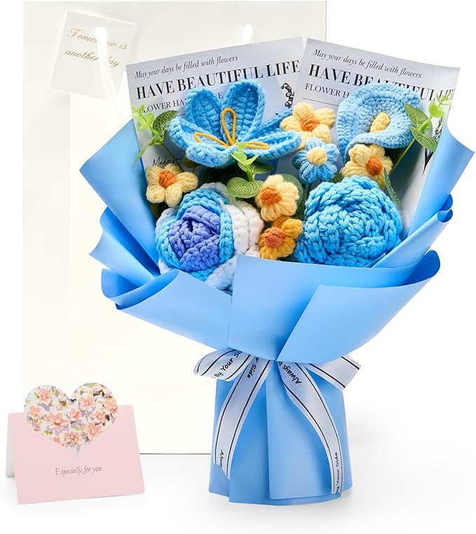 Crochet Flowers Bouquet Gift for Wife Girlfriend Fiancee Mother Women, Handmade Artificial Knit Blue Rose Tulip Flower for Wedding Anniversary Birthday Valentine's Day Present, Home Decor