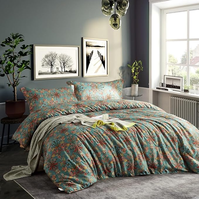 LifeTB Queen Comforter Set Vintage Floral Boho Comforter for Queen Bed Aesthetic Floral Bedding Comforter with 2 Pillowcases Flower Leaves Boho Bedding Sets Farmhouse Botanical Flower Comforter Set