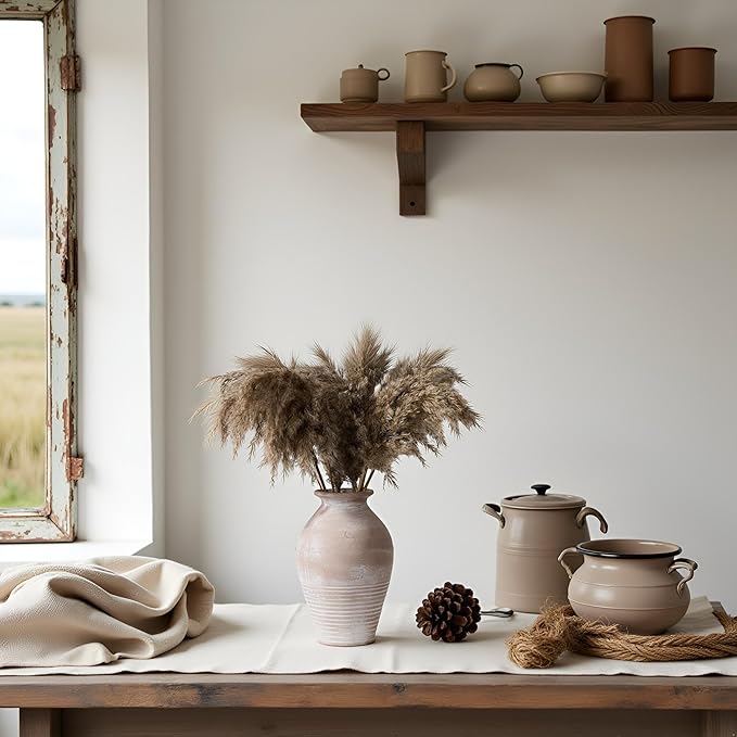 LUKA Ceramic Rustic Farmhouse Vase, 9.2 inch Whitewashed Terracotta Vase, Pottery Decorative Flower Vases,Clay Decorative Vases for Home Decor, Table, Living Room, Shelf, Mantel Decoration