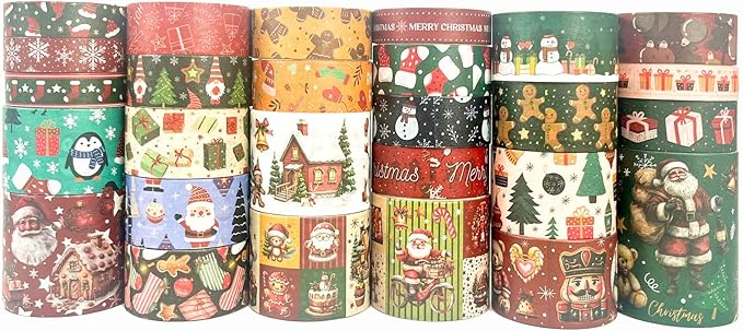 Bomichi 27 Rolls Christmas Washi Tape, Aesthetic Colored Decorative Cute Scrapbook Tape for Scrapbooking Supplies Journaling Craft Junk Journal