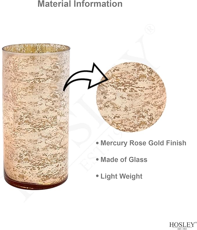 Hosley Set of 2 Mercury Rose Gold Glass Vases – Stylish Decorative Vessels for Boho Home Decor, Weddings, Events, Gifts, Table Centerpieces, and Creative DIY Craft Projects