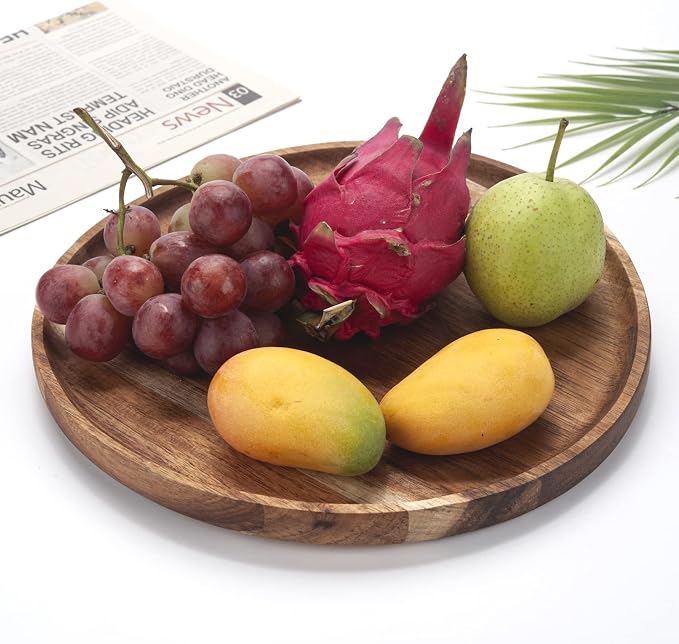 YANGQIHOME 11.8 inches Round Wood Tray, Wooden Serving Tray, Acacia Plates, Appetizer Charcuterie Board, Tray Organizer for Kitchen/Countertop, 11.8 x 11.8 x 0.8 inch