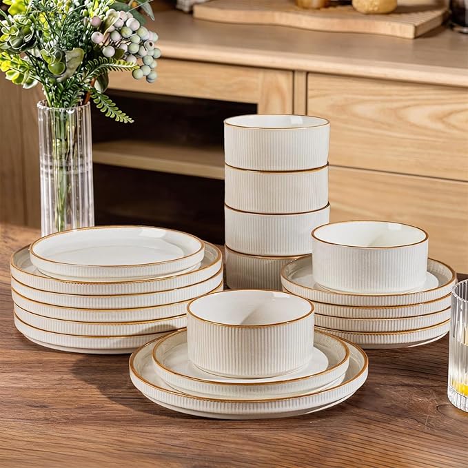 GBHOME 24-Piece Stoneware Dinnerware Set for 8 – Ribbed Ceramic Plates and Bowls, Scratch-Resistant, Microwave & Dishwasher Safe, Reactive Glaze, White with Honey-Brown Edge
