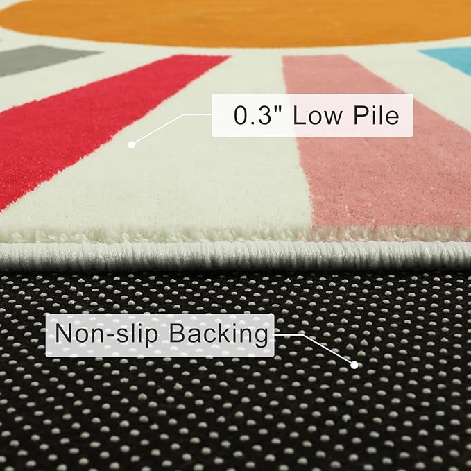 STARUIA Round Boho Rug 6 Ft Washable Round Area Rug for Playroom, Sunshine Circle Rug for Kids Room, Non-Slip Circluar Rainbow Carpet Soft Large Kids Rug for Classroom Dorm Bedroom