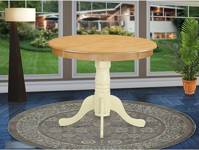 East West Furniture ANT-OMK-TP Antique Dining Table - a Round Wooden Table Top with Pedestal Base, 36x36 Inch, Oak & Buttermilk