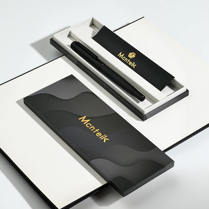 MCNTEIK Matte Black Forest Fountain Pen, Exquisite Vertical Grooving Design, 18K Gilded Nib (Fine), Fancy Pen Gift Set for Men & Women, Professional, Business Signature, Office, Nice Designer Pens