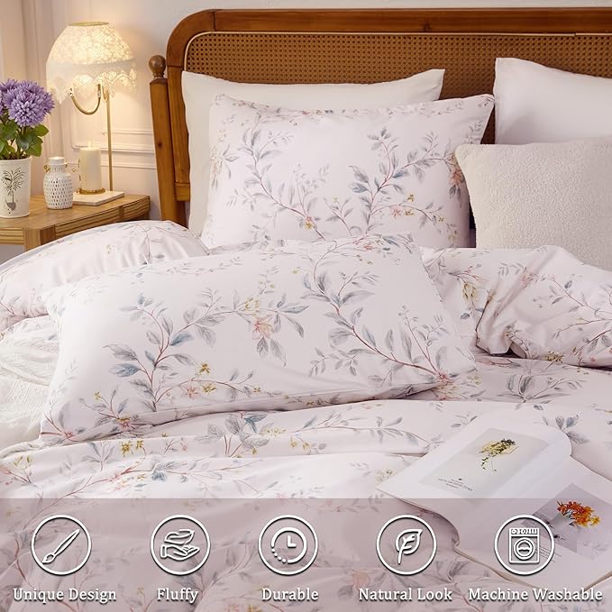 Floral Duvet Cover Queen Size - 100% Nature Cotton Reversible Grayish Flower Bedding Set with Zipper Closure, 3 Pieces Soft & Breathable Beige Comforter Cover
