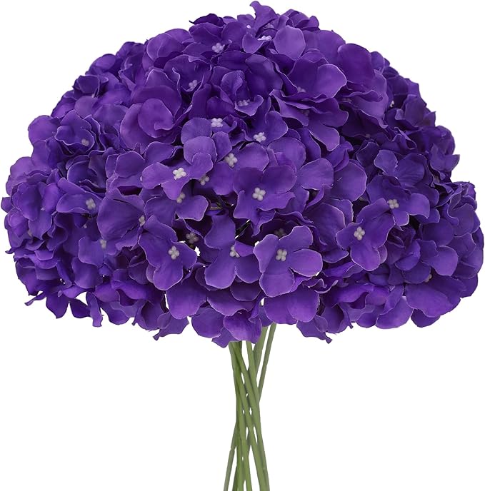 Fake Purple Hydrangea Artificial Flowers - Faux Silk Hydrangeas Flowers Heads with Stems Real Touch for Home Wedding Party Table Decor(Purple,Pack of 10)