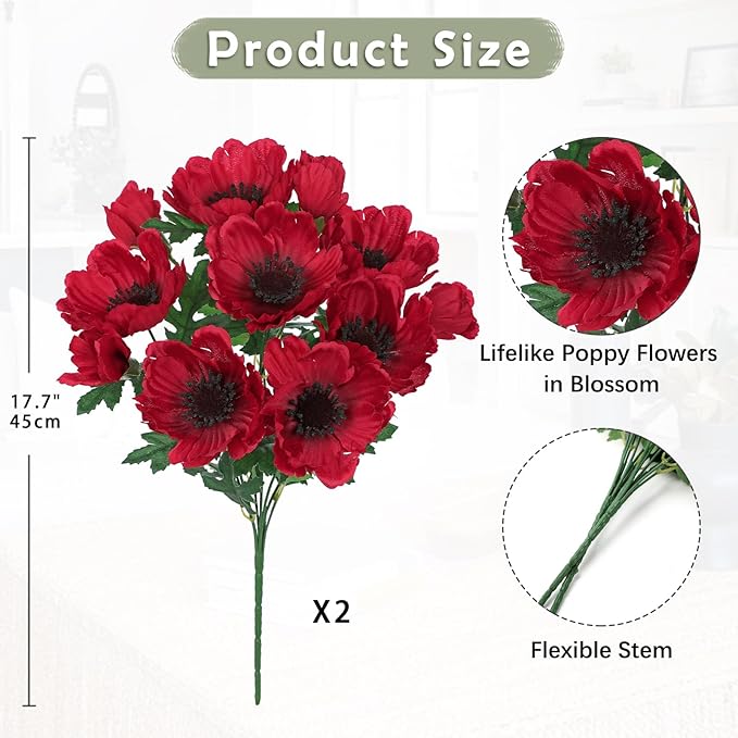 Hollyone 10 Heads Red Poppy Flowers Artificial 2Pcs Fake Poppies Flowers Bouquets with 7 Heads Full Bloom Poppy & 3 Buds Bouquet Stems Faux Floral Flower Arrangement for Party Table Home Decoration