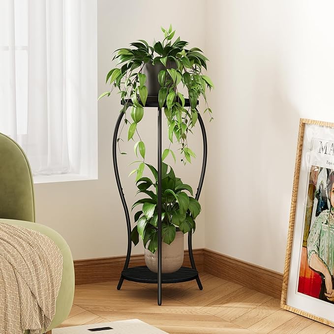 Plant Stand Indoor, 2 Tier Round Tall Plant Stand, Flower Pot Stand, Plant Shelf Rack, Corner Plant Stand for Planter Garden Balcony Patio Living Room, Black