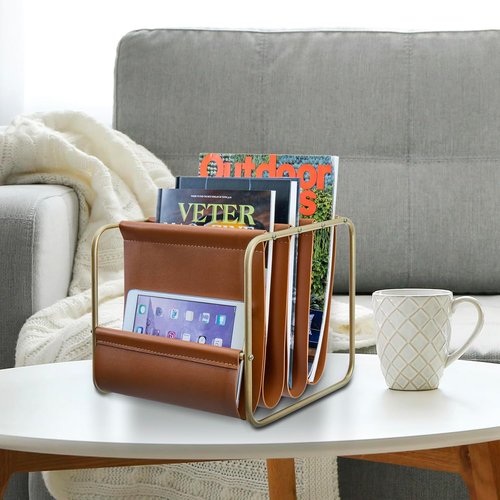 MyGift Modern Brass Tone Desktop Folder Holder - Stylish Leatherette Organizer for Letters & Files