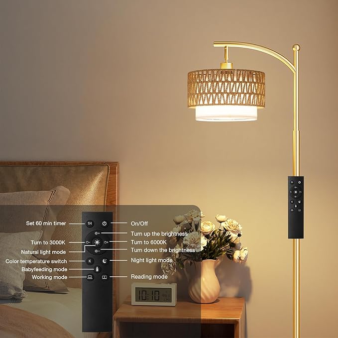 Ambimall Arc Floor Lamp for Living Room with Remote, Color Temperature & Brightness Adjustable, Boho Standing Lamp with Rattan & Fabric Double Drum Shades, Bulb Included(Gold)
