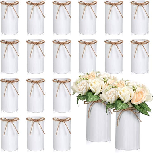 Domensi 5.91 in High Farmhouse Vase Decor Galvanized Metal Flower Vase with Twine Bow Vintage Rustic Tin Flower Buckets for Artificial Floral Table Container DIY(White,16 Pcs)
