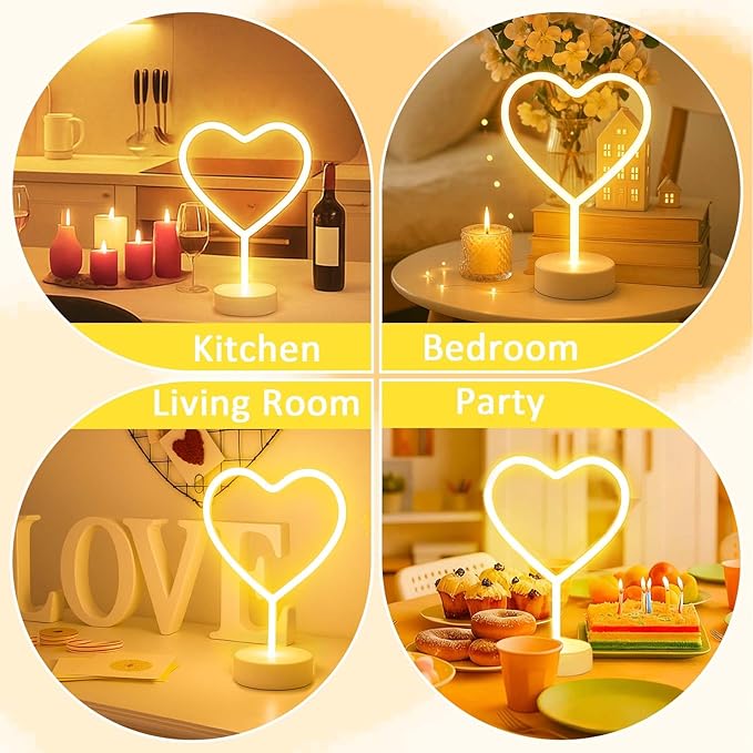 Warm White Heart Neon Sign, Valentines Day Neon Light Battery Operated or USB Powered Valentines Warm White Heart Lights, Table Lamp for Galentines Day Decorations, wedding, Gifts for Women, lover.