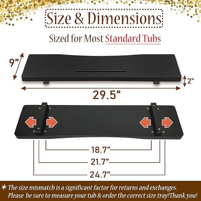 Stylish Black Bamboo Bathtub Tray Caddy with Adjustable Legs, Minimalistic Design Bath Tray for Tub, Bathtub Accessories, Fit Standard and Against Wall Bath Tubs, Gift Idea for Women