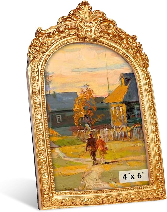 Vintage 4x6 Picture Frame, Gold Arch Resin Picture Frames Retro Handmade, Ornate Photo Frames with Glass Front for Wall Hanging or Tabletop Display, Antique Arched Photo Frame for Home Decor
