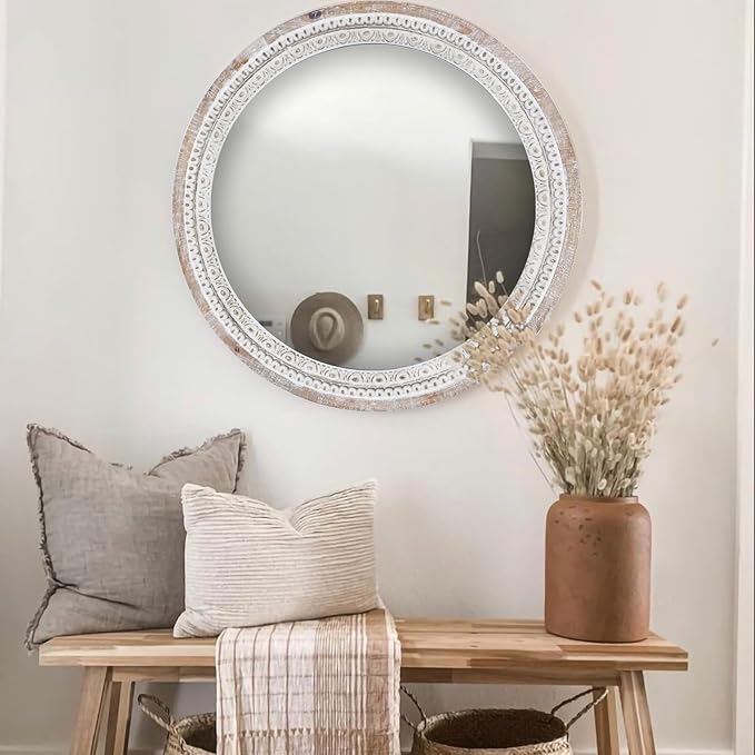 24'' Round Wall Mounted Mirror, Wood Decorative Circle Mirrors, Boho Mirrors with Beaded Frame, Rustic Vanity Mirror, Distressed Mirror for Bathroom, Living Room, Bedroom, Entryway