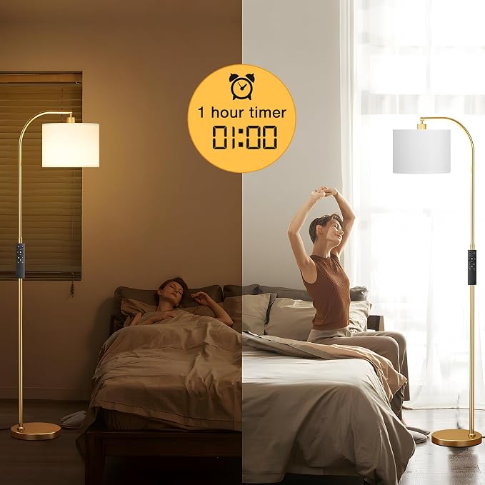 Ambimall Arc Floor Lamp with Remote and Stepless Dimmable Bulb, Colors Temperature & Brightness Adjustable, Floor Lamps for Living Room（White Shade & Gold Pole）