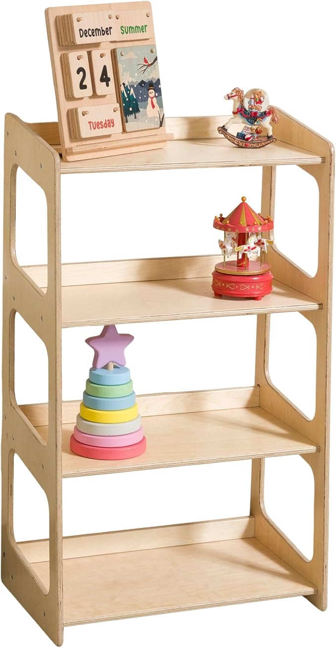 Montessori Bookshelf for Toddlers Solid Wood Toy Storage Shelf Organizer for Playroom and Classroom Floor Bookshelf for Kids Room (Natural, 4-Shelves)
