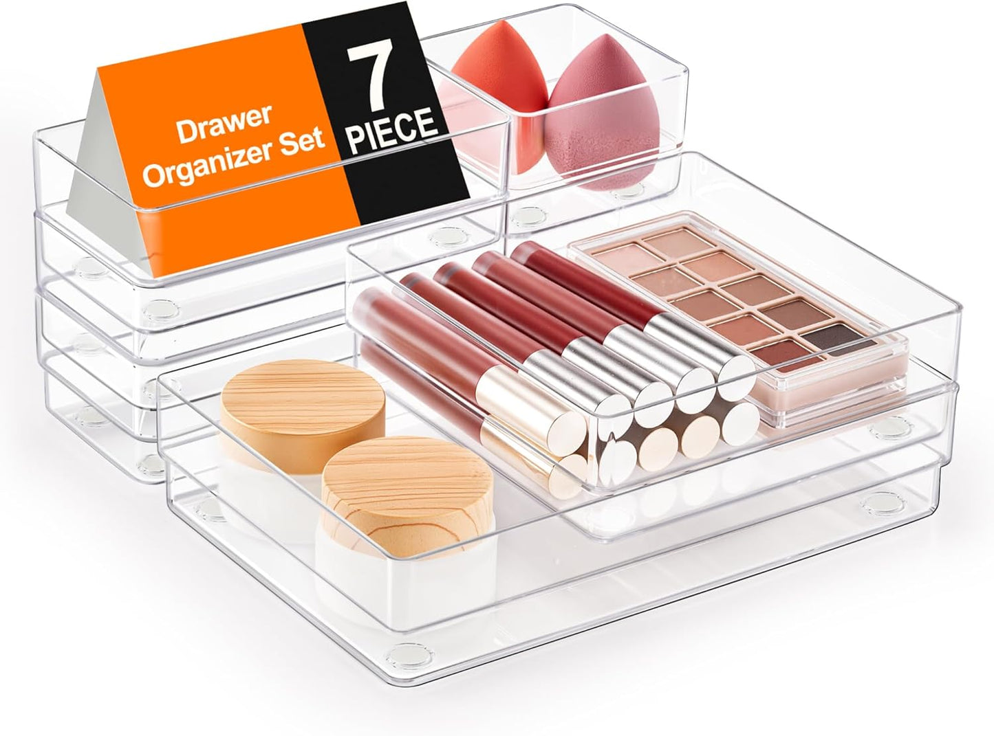 SMARTAKE 7-Piece Drawer Organizer - Non-Slip Silicone Pads for Makeup, Jewelry & Utensils | Clear Storage Trays