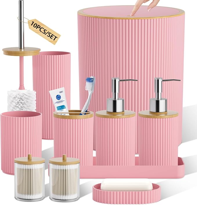10PC Bathroom Accessories Set - Pink and Wooden Bathroom Sets, Bathroom Accessory Set with Pop Up Trash Can, Toilet Brush, Trash Can, Qtip Holder & Soap Dispenser