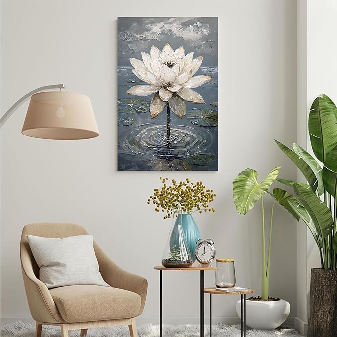 Stunning white lotus emerges from prismatic water with delicate petals background Serene aquatic wall art suitable for modern minimalist decor 24x36in Wood Framed