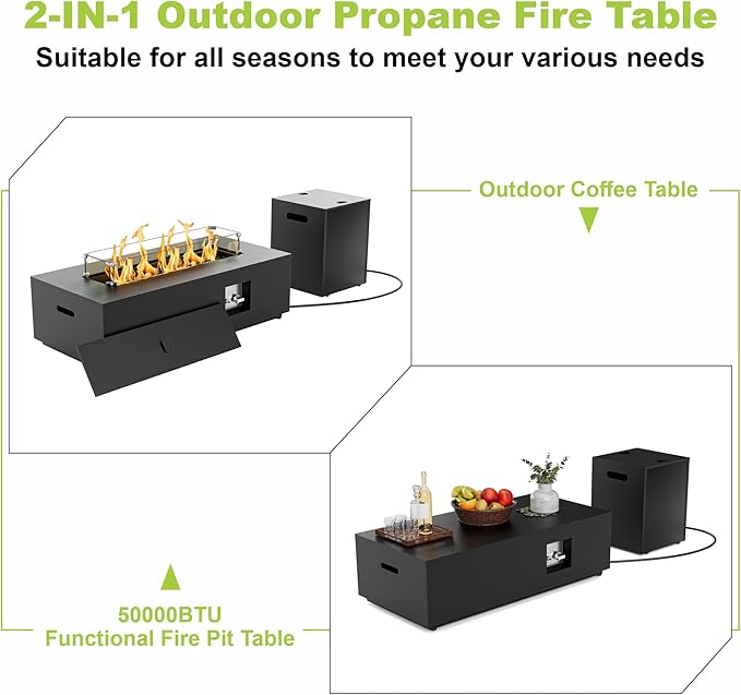 2-Piece 42" LED Rectangular Propane Fire Pit for Outside Patio with Hidden Tank Table, 50,000 BTU Fireplaces with Glass Wind Guard, Lid, Glass Rocks, Cover(Black w/RGB Light)