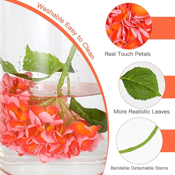 3Pcs Hydrangea Artificial Flowers, 22.44" Real Touch Latex Faux Hydrangea with Long Stems & Leaves for Home Office Decor or Wedding, Party, Centerpieces, Floral Arrangements (Orange)