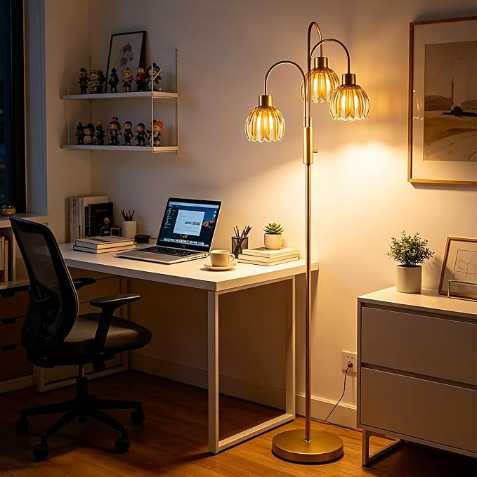 3-Light Glass Floor Lamp, 70" Gold Dimmable Standing Tall Lamp with Amber Ribbed Glass Shades &3PCS 3000K Warm White Bulbs, Modern Tree Pole Lamp for Living Room Bedroom Home Office Corner Decor