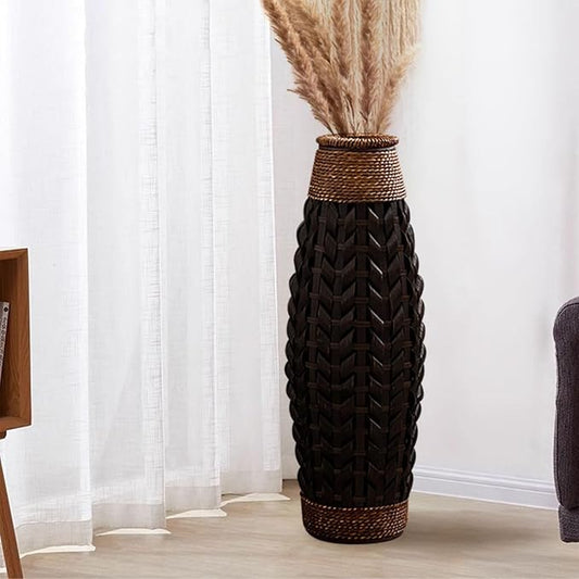 28.9''H Rustic Tall Woven Bamboo & Rattan Floor Vase – Decorative Standing Accent Vase for Dried or Silk Flowers, Farmhouse & Boho Home Decor for Living Room or Entryway (Black & Brown, Large)