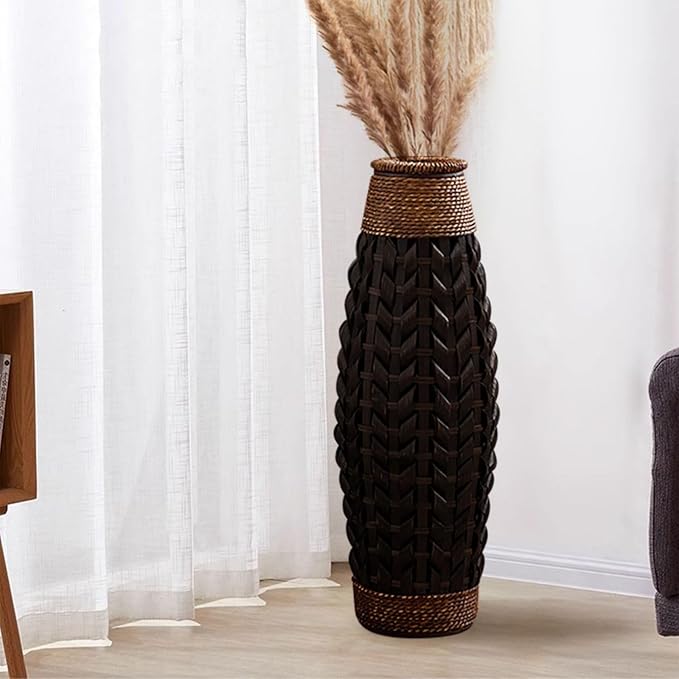 28.9''H Rustic Tall Woven Bamboo & Rattan Floor Vase – Decorative Standing Accent Vase for Dried or Silk Flowers, Farmhouse & Boho Home Decor for Living Room or Entryway (Black & Brown, Large)