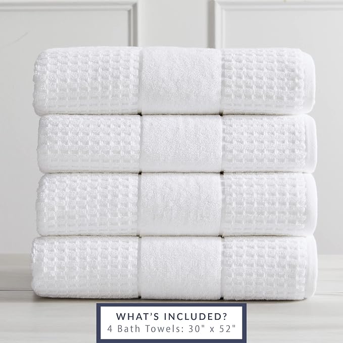 Market & Place 100% Cotton Super Soft Luxury Bath Towel Set | Quick-Dry and Highly Absorbent | Waffle Textured | 550 GSM | Includes 4 Bath Towels | Harper Collection (White)