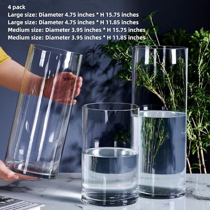 4 Pcs Acrylic Clear Cylinder Flower Vase for Plants Bouquet, Unbreakable Hurricane Tall Large Plastic Vases for Wedding Decor, High Hydroponic Floor Vase (H 10" + H 12" 2 Each No Flowers)