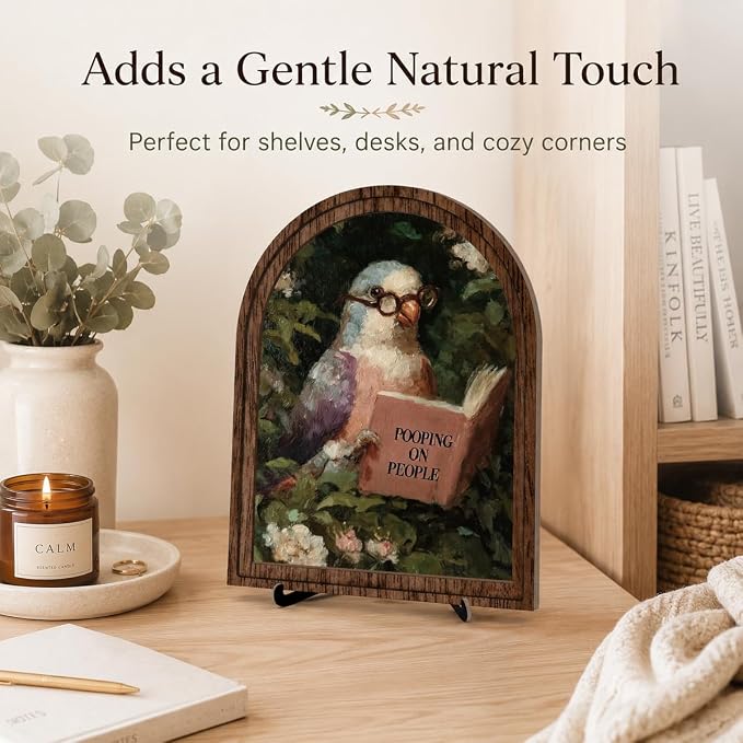 Wooden Tabletop Decor Funny Reading Bird Art for Bookshelf Desk Shelf, Vintage Floral Bird Sign with Rustic Frame and Stand, Home Office Decorative Accent for Bird Lovers