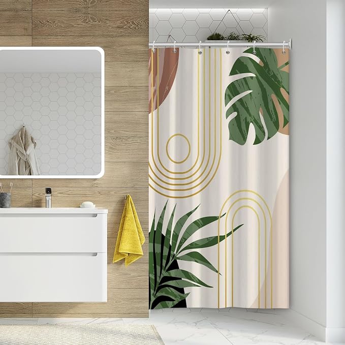 Boho Sage Green Shower Curtain Bohemian Mid Century Geometric Abstract Curve Bathroom Curtain Palm Leaf Polyester Shower Curtain Sets for Bathroom Extra Long 54x72 in with 10 Hooks