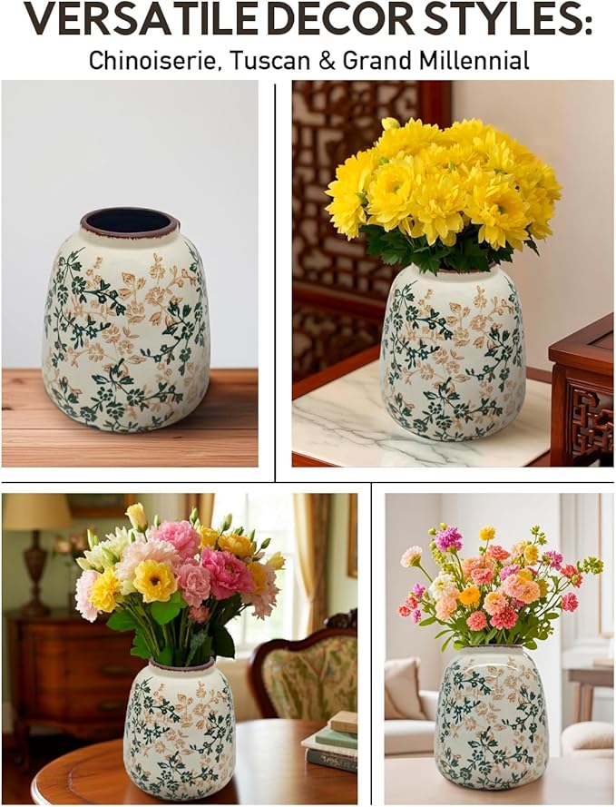 Vintage Ceramic Flower Mini Vase Home Decor - Tabletop Rustic Vase for Decor Living Room Bookshelf Office Kitchen Cottage, White Vases for Bouquet, Chinoiserie | Grand Millennial | 6.1inch