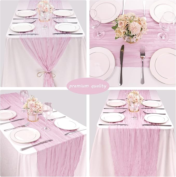 Fivenl 12 Pack Cheesecloth Table Runner 35x72 Inch Boho Gauze Rustic Cheese Cloth Long Romantic for Wedding Bridal Shower Birthday Party Decor (Pink Purple)