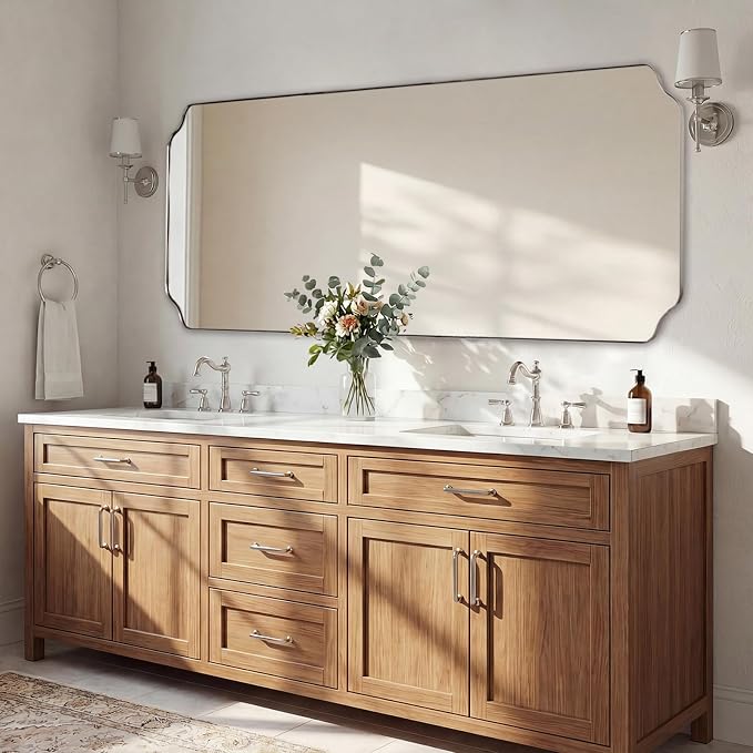 ANDY STAR 30"x60" Large Bathroom Mirror, Brushed Nickel Rectangle Scalloped Mirror, Modern Full Length Wall Mirror with Rust-Proof Stainless Steel Frame, Hangs Vertically or Horizontally