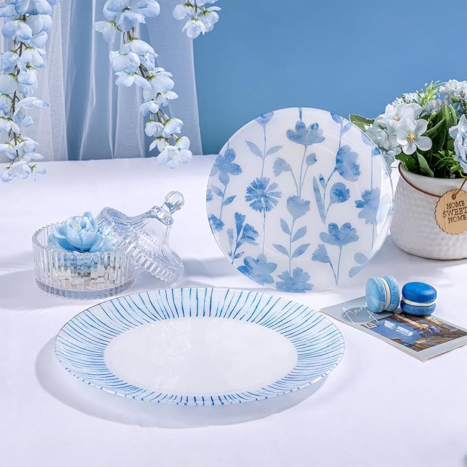 U-QE 50Pcs Blue Plastic Plates - Botanical Stripes Plates Disposable Heavy Duty, Fancy Floral Pattern Perfect for Weddings, Tea Parties, Holidays - 10.25" Dinner & 7.5" Dessert Plastic Plate