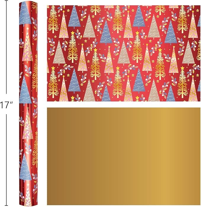 MAYPLUSS Christmas Wrapping Paper Roll - 17IN X 33FT - Christmas Gift Wrapping Paper Featuring Triangle Tree Against Red Reversible Gold for Kids, Holiday, New Year