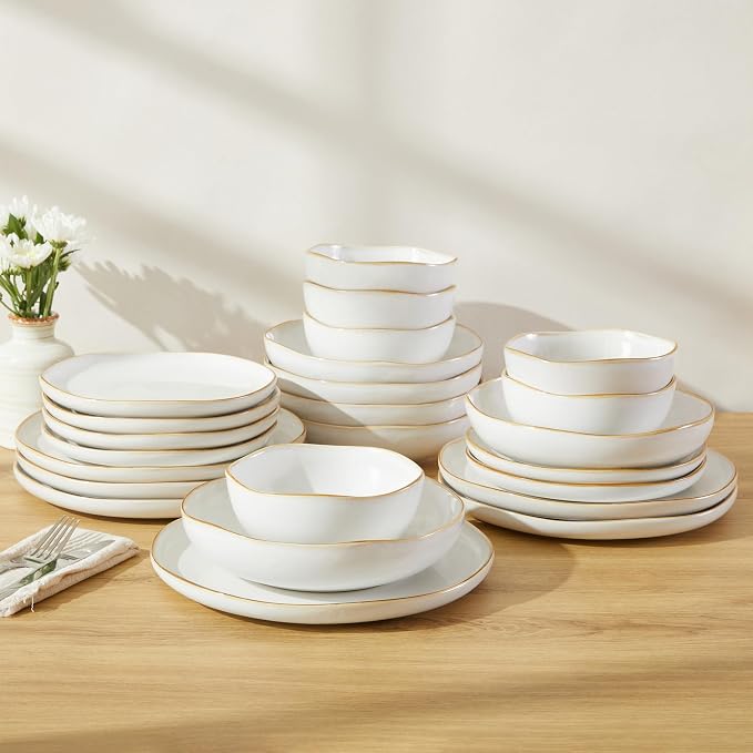 Pokini 24 Pieces Dinnerware Set for 6 with Pasta Bowls, Complete Ceramic Dish Set, Stackable & Glossy Stoneware Plate and Bowl Set for Effortless Everyday Hosting, White