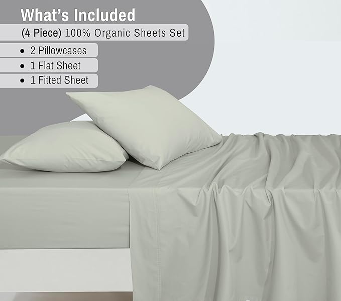 RUVANTI 100% Organic Cotton Sheets California King, Percale Weave, GOTS Certified, 4-Piece Set, Deep Pocket 13", Crisp & Breathable, Soft Durable Bedding, Sábanas Algodón Orgánico – Mineral Gray