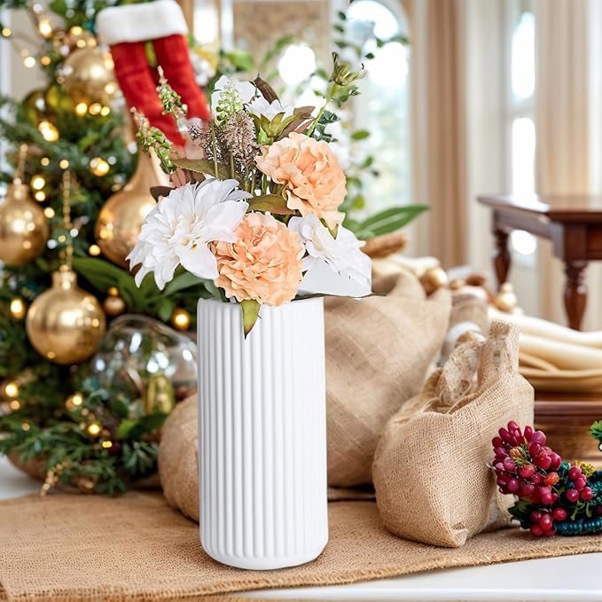 Ekirlin White Ceramic Flower Vase - 8 inch Small Vase for Home Decor, Pampas Grass Decorative Centerpiece Ribbed Vase for Dining Table, Office, Desktop, Mantel, Entryway, Farmhouse, Best Gift